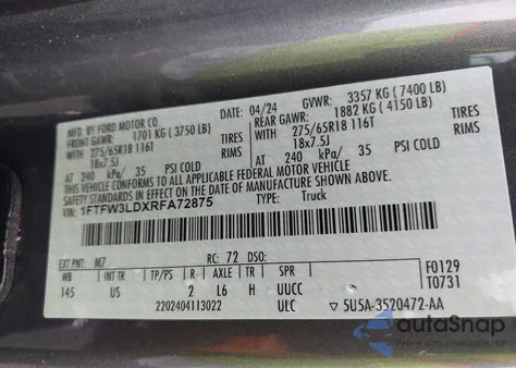 2024 Ford F150 Xlt from USA, damaged, VIN 1FTFW3LDXRFA72875